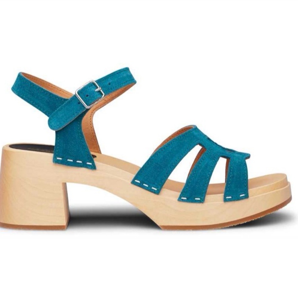 Swedish Hasbeens Teal Suede Leather Clog Sandals